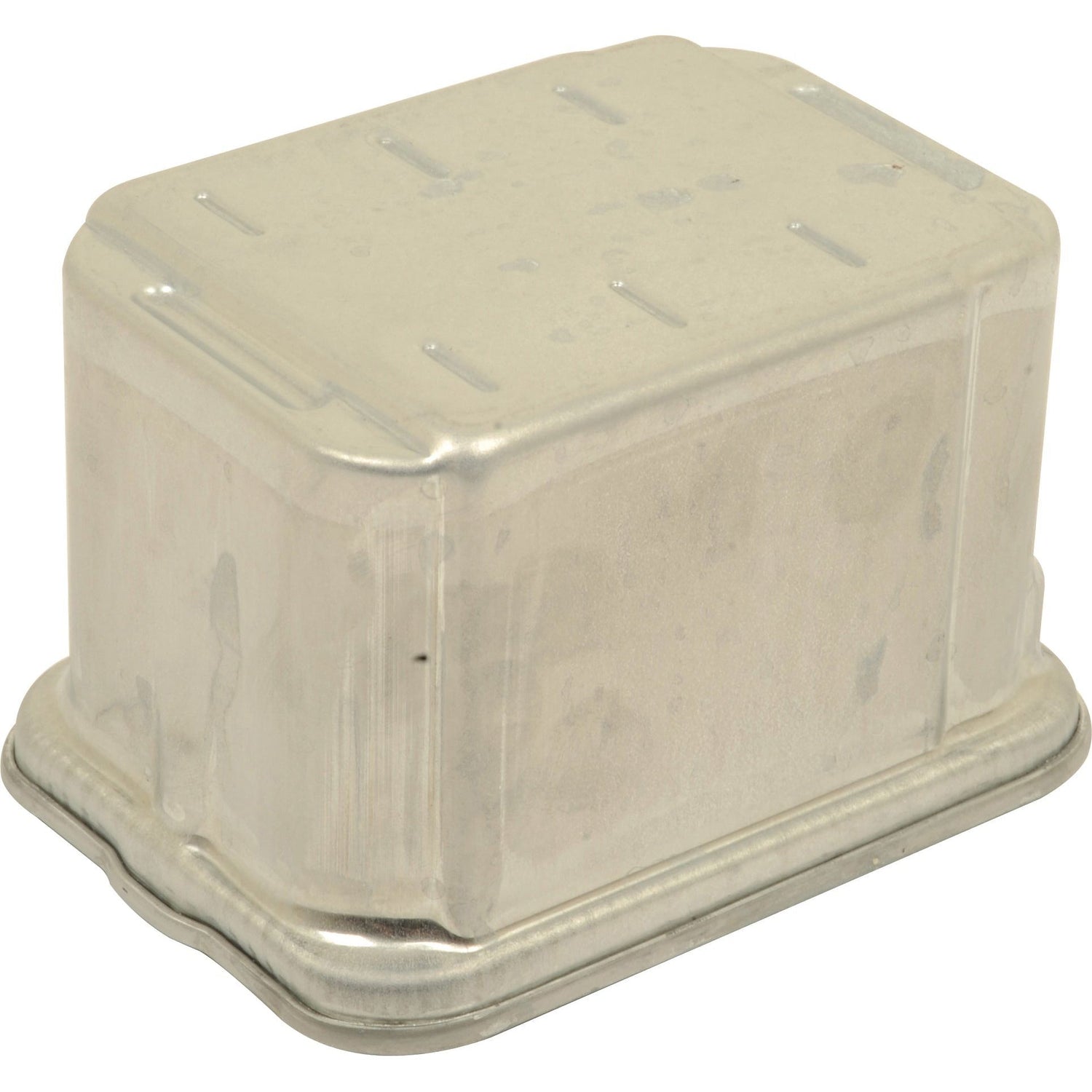 A rectangular metal loaf pan with a slightly raised and fluted lid, reminiscent of the precision engineering in Sparex Fuel Filter - Element - FF5045. The pan boasts a dull, unpolished finish, and visible edges that evoke the rugged durability found in Fleetguard products used by John Deere equipment.