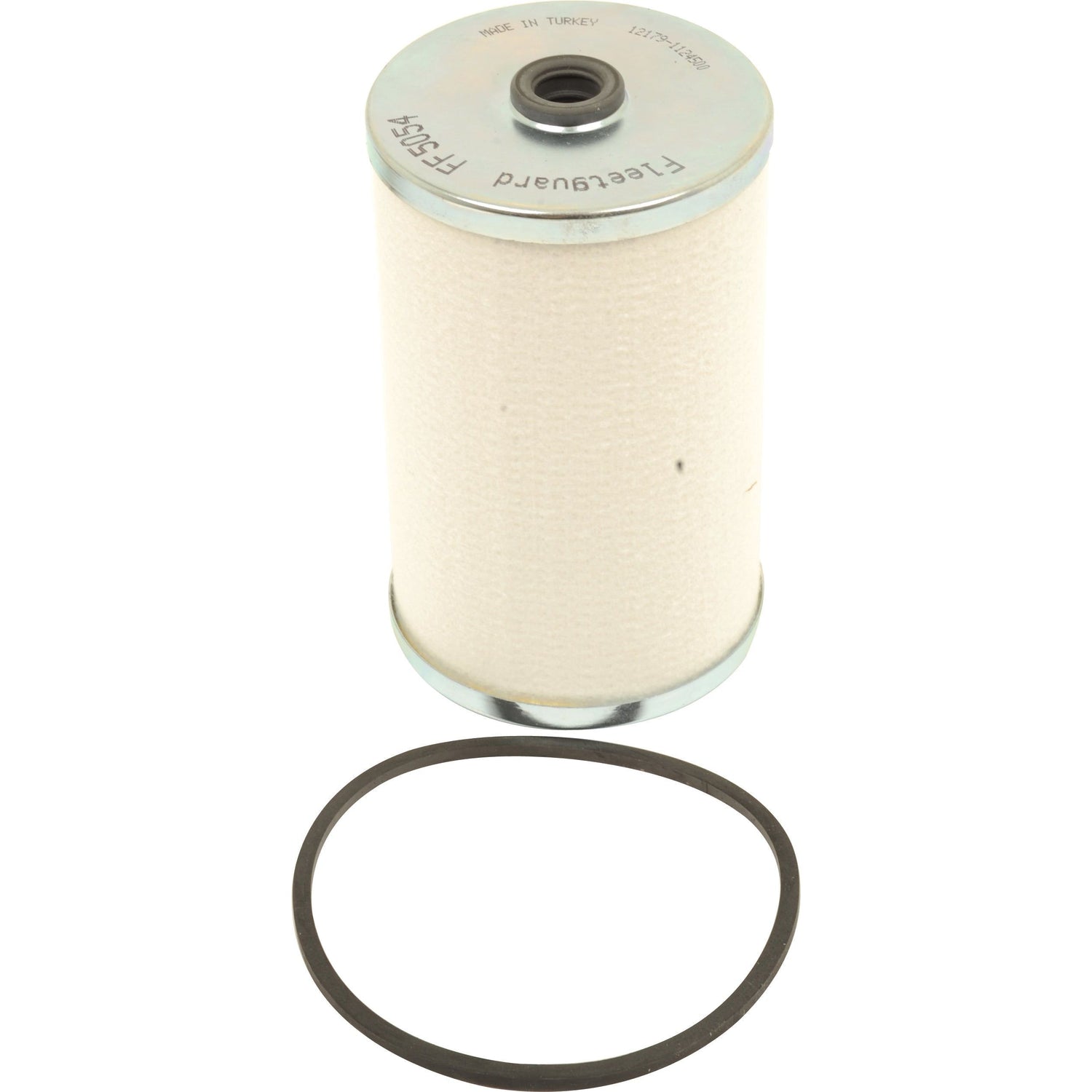 Image of a cylindrical automotive filter element, likely a Fuel Filter, and a black rubber O-ring gasket placed below it on a plain white background. The filter has metal ends and appears to be unused. Resembling the Sparex Fuel Filter - Element - FF5054 (Sparex Part No.S.76847), this component is ideal for Claas DOMINATOR machinery.
