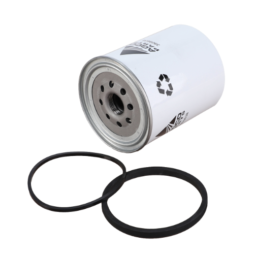 A white cylindrical fuel filter element from AGCO, featuring an attached recycling symbol and accompanied by two black rubber gaskets placed beside it, compatible with Massey Ferguson 5600 Series tractors (product number 3909638M1).