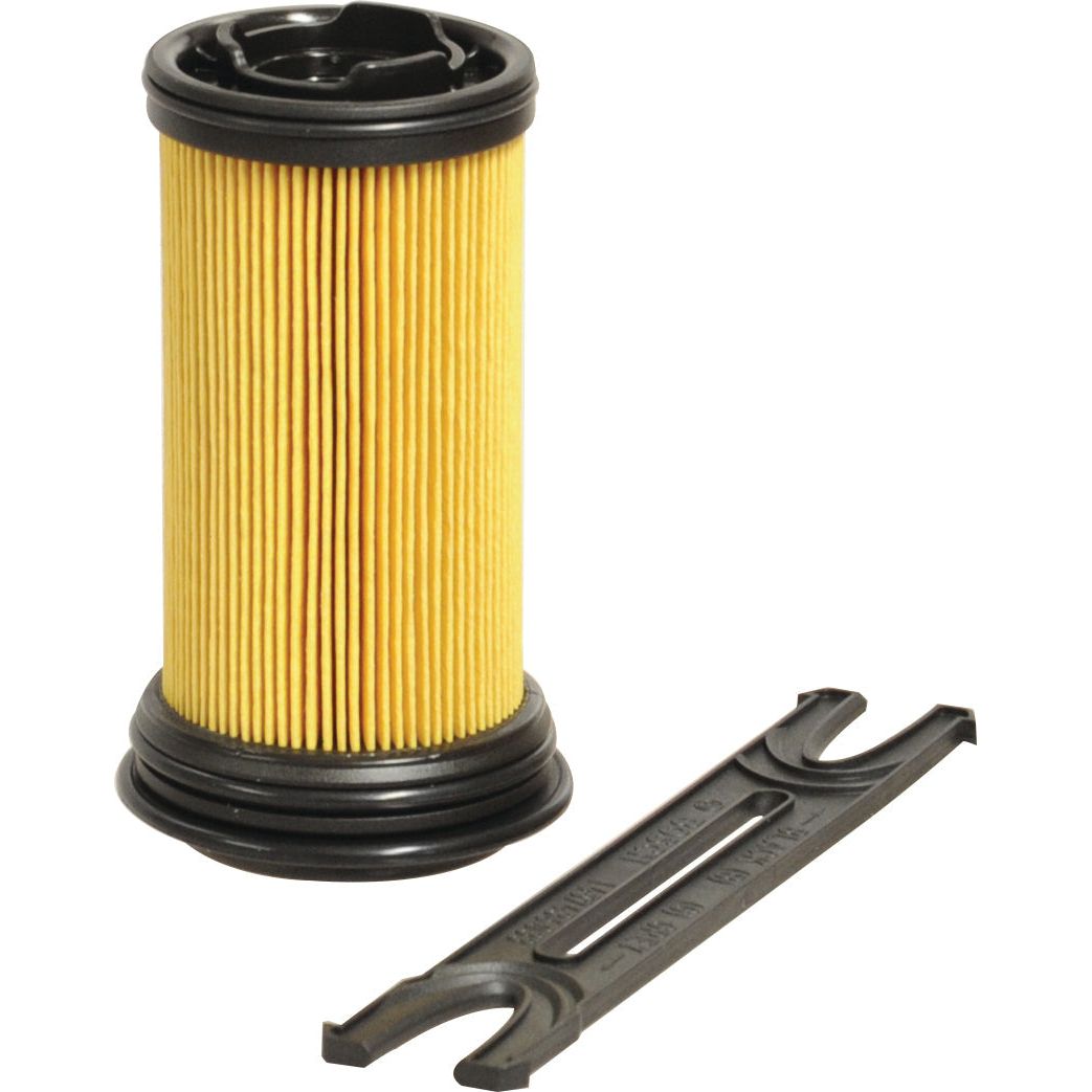 A Sparex cylindrical yellow fuel filter element with black end caps, part number S.119375, is shown next to a black plastic removal tool, ideal for UF101 models.
