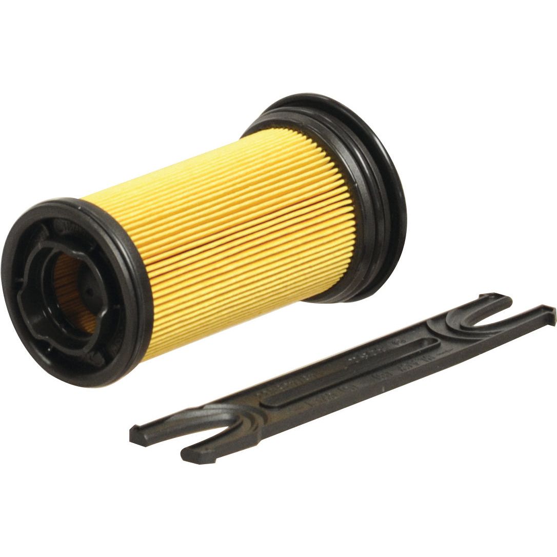 A cylindrical yellow and black fuel filter, Sparex Fuel Filter - Element - UF101 (Sparex Part No.S.119375), with a specialized black plastic tool next to it.