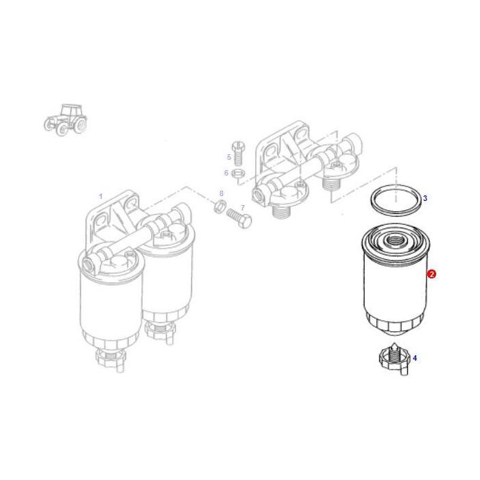 Exploded diagram of a dual-filter assembly, featuring AGCO Fendt - Fuel Filter - F816200060020 with labeled parts including filters, mounting bracket, O-ring, and other components for installation and maintenance, suitable for Fendt Models FARMER.
