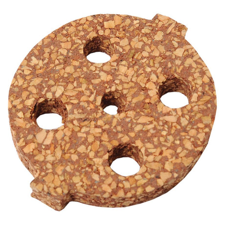 Round cork coaster with five holes in it, crafted from various colored cork pieces, designed for Massey Ferguson enthusiasts by Sparex.