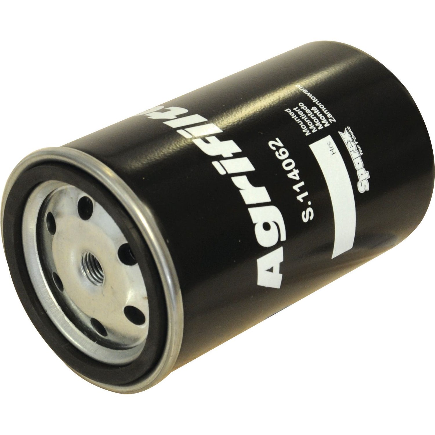 A black cylindrical oil filter labeled "Sparex", featuring the part number "S.114062" and other specifications, viewed at a slight angle. This Sparex Spin On fuel filter ensures optimal performance for your machinery.