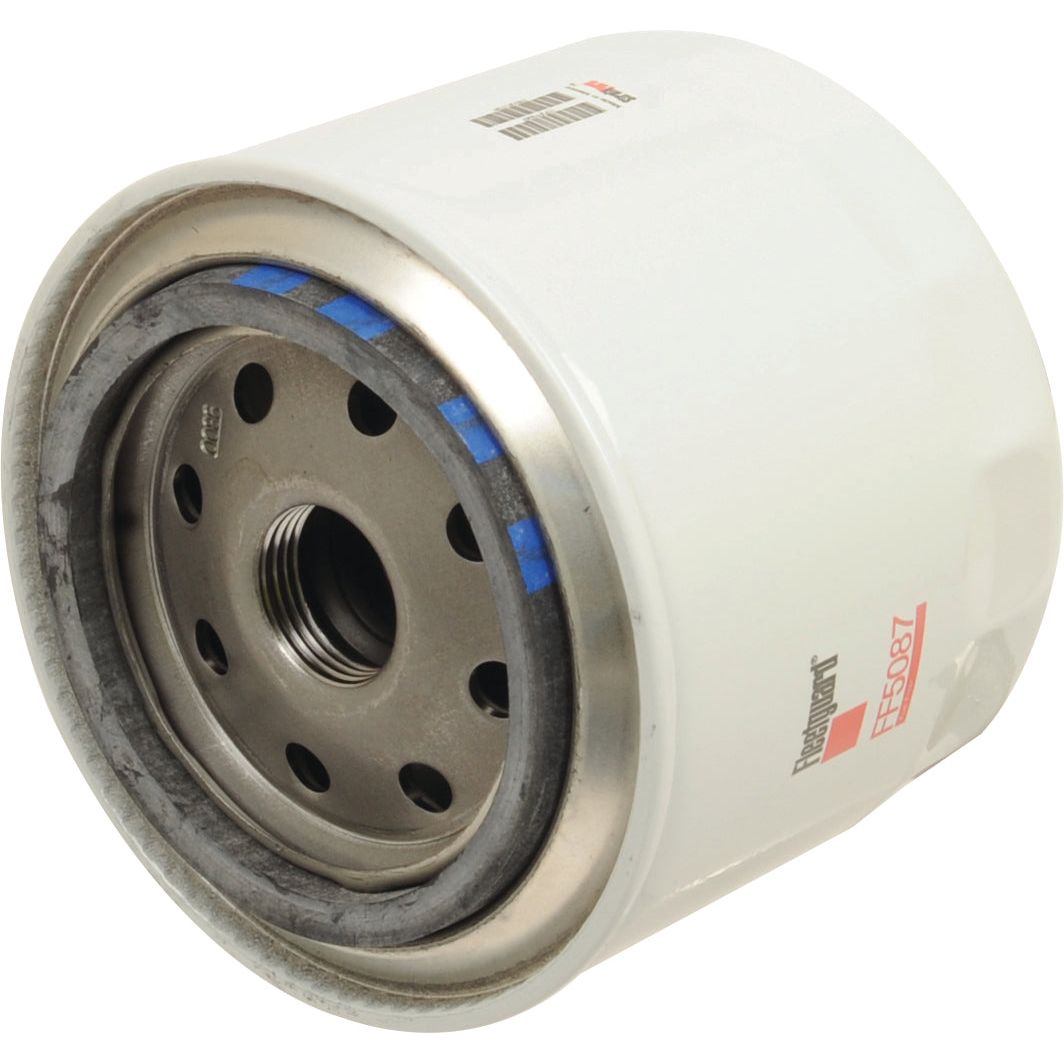 A cylindrical fuel filter with a metal top and multiple holes surrounding a central threaded opening, primarily white with Sparex branding and labeled as "Fuel Filter - Spin On | Sparex Part No. S.115020" on the side.