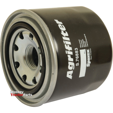 Close-up of a black cylindrical Fuel Filter - Spin On with the part number S.76883 printed on it. The logo Massey Tractor Parts is visible in the bottom left corner, and it is branded by Sparex.
