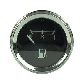 A Sparex Fuel Gauge - 12V (Sparex Part No.S.41406), designed for Massey Ferguson 135 tractors, features a circular display with chrome edges and a black background. The gauge's needle is pointing close to "E," indicating a nearly empty tank.