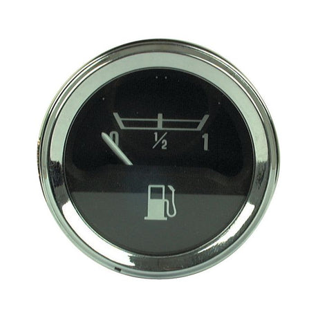 Introducing the Sparex Fuel Gauge - 12V (Part No. S.41406), specifically designed for the Massey Ferguson 135 tractor. This round gauge features a sleek black background with a chrome border, a needle near the empty mark, and a fuel pump symbol below. It also includes 12V spade connectors for effortless installation.