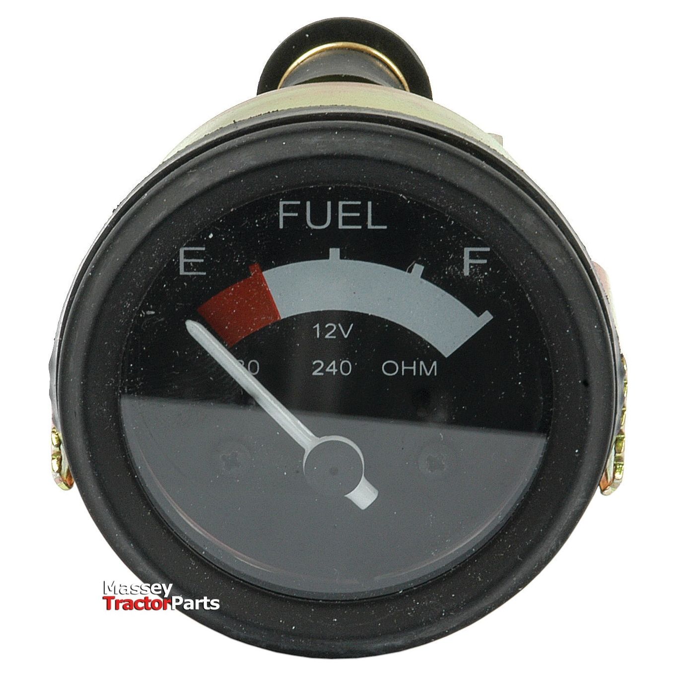 A fuel gauge with a needle pointing at "E" for empty, featuring markings for 12V and 240 OHM. The gauge face has a color gradient transitioning from red to white to gray. The "Massey Tractor Parts" logo, associated with Massey Ferguson, is visible at the bottom left. This product is the Fuel Gauge - 12V | Sparex Part No.S.61429 by Sparex.