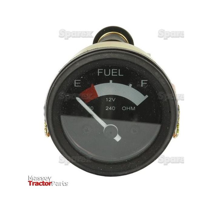 A round fuel gauge indicating an empty tank, labeled with "12V 240 OHM" at the bottom, is set against a white background featuring logos and text that read "Massey Tractor Parts" and "Sparex." This essential component, known as Fuel Gauge - 12V | Sparex Part No.S.61429, is compatible with Massey Ferguson tractors.