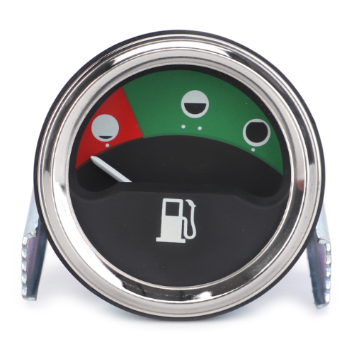 A Massey Ferguson fuel gauge (model 1877717M93) by AGCO showing a near-empty level, with the needle positioned in the red zone. The gauge features a fuel pump icon at the bottom.