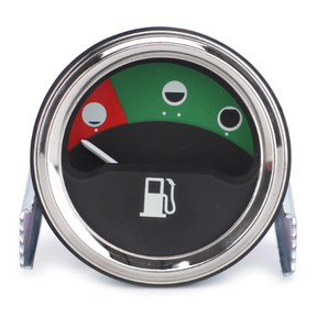 A Massey Ferguson fuel gauge (model 1877717M93) by AGCO showing a near-empty level, with the needle positioned in the red zone. The gauge features a fuel pump icon at the bottom.