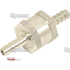 The Sparex Fuel Hose Non Return Valve 6mm (Part No. S.37217) features a metallic hose connector with barbed ends and a hexagonal nut in the middle, specially designed for quick starting applications in lift pump or injector pump systems.