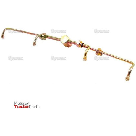 Fuel Injector Leak Off Pipe for a diesel engine, featuring multiple bends, connection points, and a central distribution valve. The background is white with logos and text indicating "Massey Tractor Parts" and "Sparex Part No.S.43610.