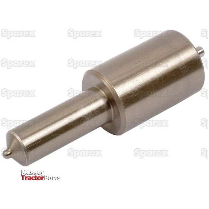 A metal engine part labeled "Sparex" and "Massey Tractor Parts” in the background. The cylindrical piece, named Fuel Injector Nozzle with Sparex Part No.S.43193, has a narrower shaft at one end.