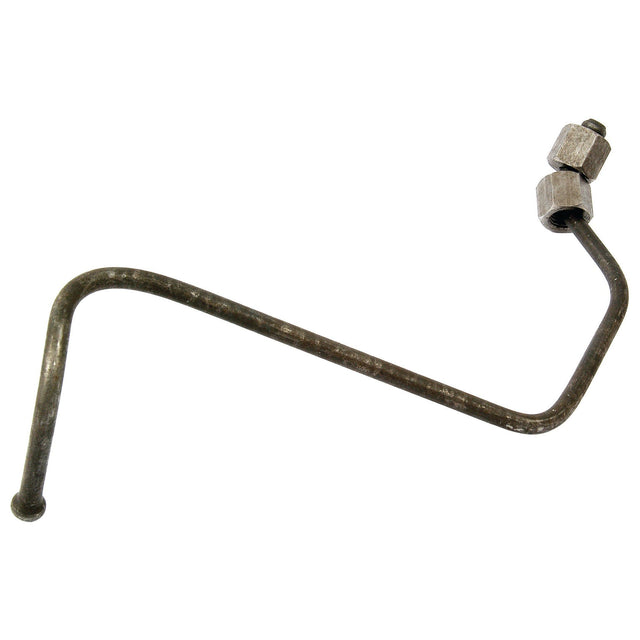 The Fuel Injector Pipe, Sparex Part No. S.41438, is a bent metal pipe with connectors at one end, commonly used in Massey Ferguson or Perkins machinery for various automotive or mechanical applications.