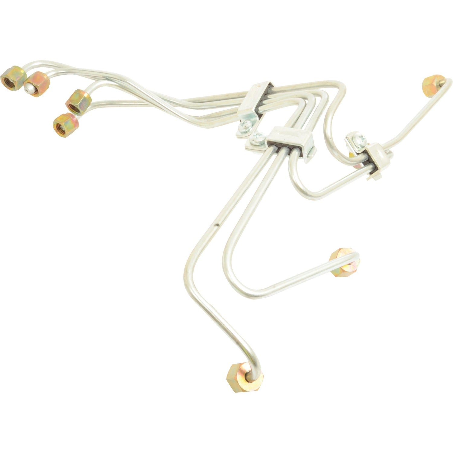 Close-up of a set of metallic Fuel Injector Pipe Set by Sparex (Sparex Part No. S.107545) with hexagonal M14 x 1.5 fittings on both ends. The lines are intricately bent and include mounting brackets for installation, showcasing a precision reminiscent of Fiat 640 engineering.