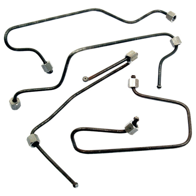 Several fuel injector pipes with various bends and attached fittings on both ends are laid out on a white background. These components, part of the Fuel Injector Pipe Set (Sparex Part No.S.66018), are compatible with Ford/New Holland engines, ensuring reliable connections from the pipe to the injector.