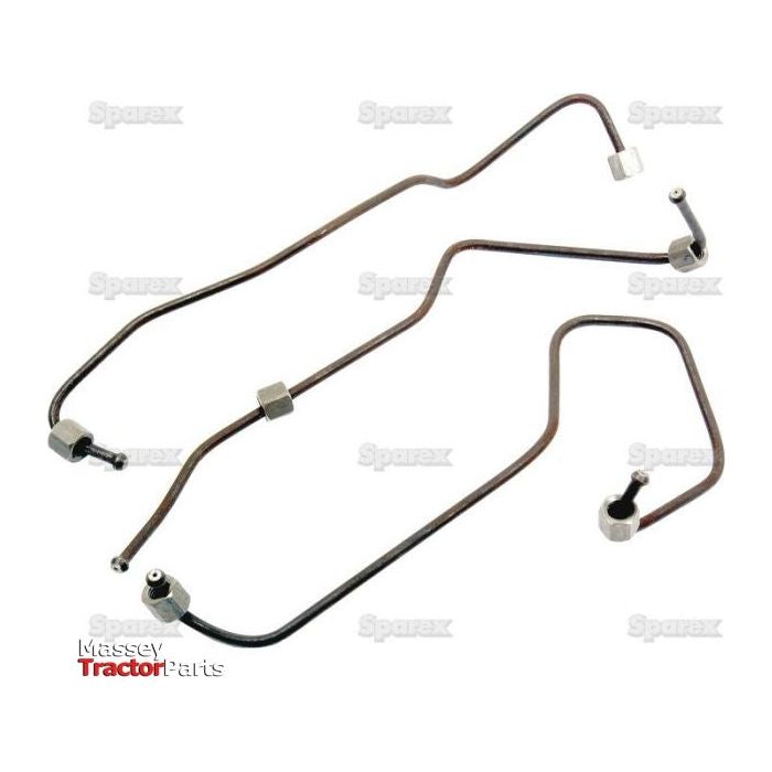 The Fuel Injector Pipe Set | Sparex Part No.S.66019, a high-quality product from Sparex, includes three metal fuel injection pipes with connectors on each end. Designed for Massey Ferguson tractors and compatible with Ford New Holland, this set is displayed on a white background and ensures optimal performance for your agricultural machinery.