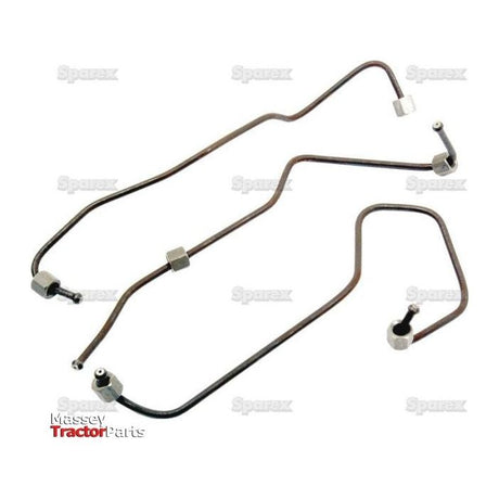 The Fuel Injector Pipe Set | Sparex Part No.S.66019, a high-quality product from Sparex, includes three metal fuel injection pipes with connectors on each end. Designed for Massey Ferguson tractors and compatible with Ford New Holland, this set is displayed on a white background and ensures optimal performance for your agricultural machinery.