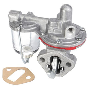 The AGCO Massey Ferguson - Fuel Lift Pump (4222452M91) is a silver mechanical fuel pump with a clear filter chamber and comes with a mounting gasket, designed for automotive engines, including models like the Massey Ferguson 165 from the 100 Series.