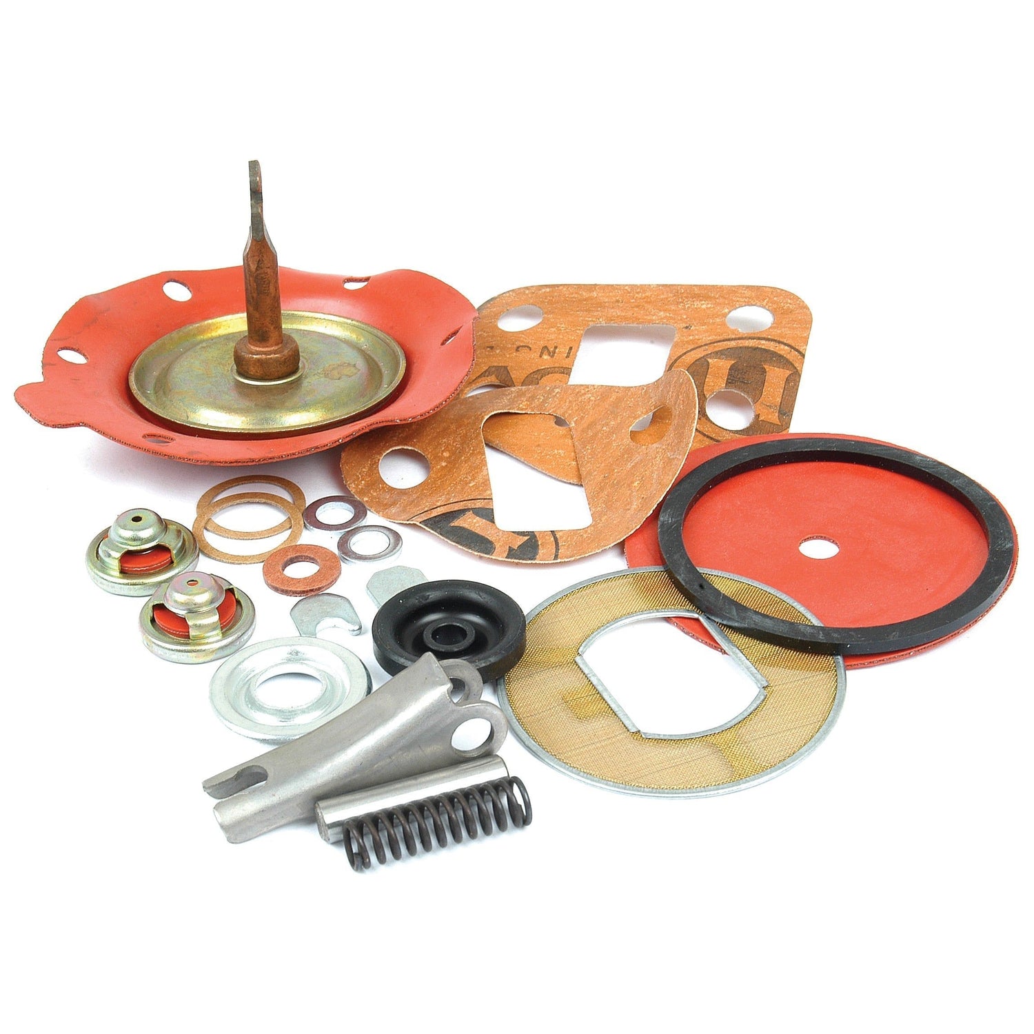 Various mechanical parts, including gaskets, seals, washers, a spring, and a lever arranged on a white background. Among them is the Sparex Fuel Lift Pump Repair Kit (Sparex Part No. S.41634) and other Massey Ferguson parts.