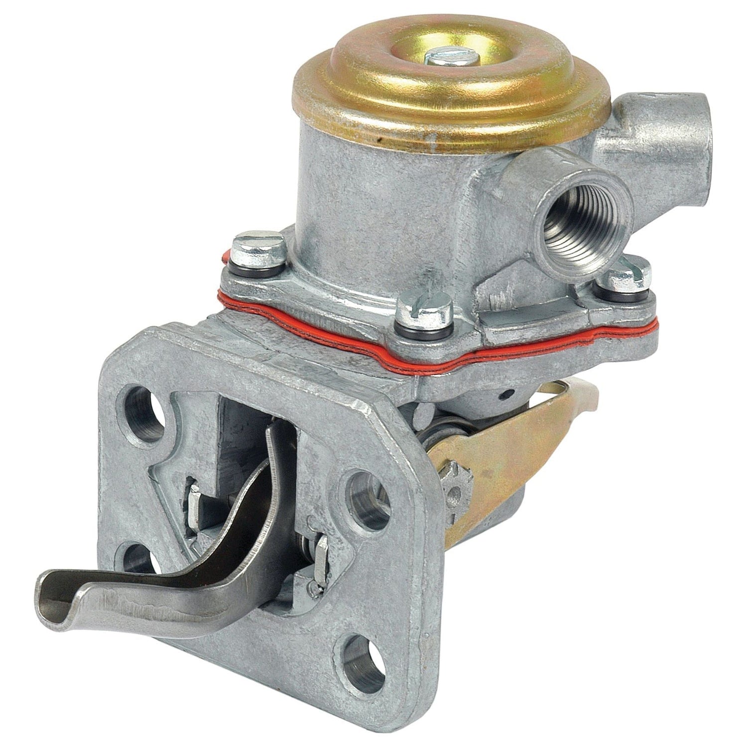 The Fuel Lift Pump (Sparex Part No. S.42440) by Sparex, commonly used in Massey Ferguson and Case IH machinery, is a metallic automotive mechanical fuel pump equipped with a lever at the base, multiple screws, and a threaded outlet at the top.