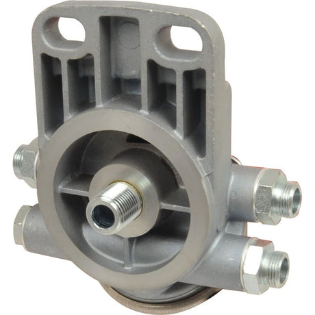 The Sparex Part No. S.57447, known as the Fuel Lift Pump, is a metal mechanical part for Ford New Holland machinery featuring multiple connections, including a central threaded connector and three peripheral connectors, designed for fluid control or similar applications.