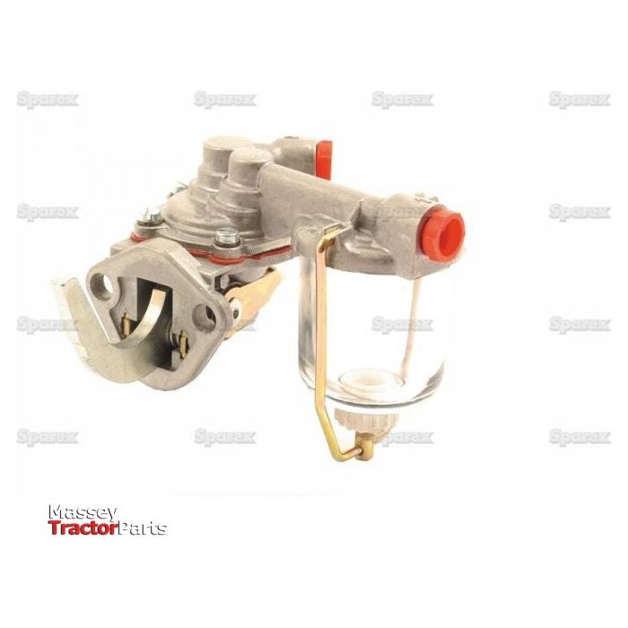 A Sparex Fuel Lift Pump (Part No. S.58728) for a Massey Ferguson tractor, featuring metal and glass components, prominently displayed against a white background. This durable fuel pump is compatible with models like the Leyland 154.