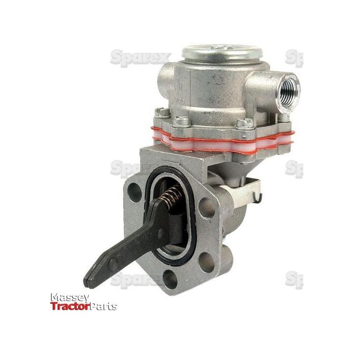 Close-up image of a metal tractor part with a lever, identified as a "Fuel Lift Pump" (Sparex Part No. S.58756), labeled with "Massey Tractor Parts" and "Sparex" logos. The design suggests compatibility with Massey Ferguson or International Harvester models.