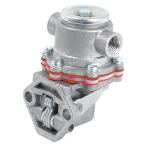 The image features a metallic automotive component, specifically a Fuel Lift Pump | Sparex Part No. S.58758, branded by Sparex. Notable details include visible bolts and a red gasket, with the structure containing multiple ports and an intricate mechanism inside the lower part.