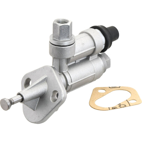 Close-up of a metal automotive part, specifically a Fuel Lift Pump (Sparex Part No. S.58763) from the Sparex brand, with a gasket on the side, featuring cylindrical shapes and a threaded connector. This detailed view highlights components similar to those in Ford / New Holland or Case IH / International Harvester tractors.