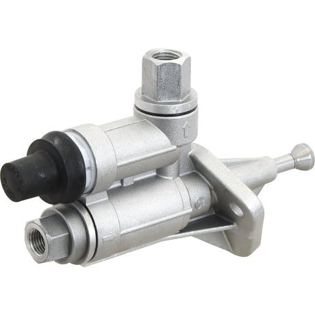 The Sparex Fuel Lift Pump (Sparex Part No. S.58763) is a silver metal hydraulic control valve with cylindrical components and connectors, similar to those used in Ford/New Holland machinery, and features a black rubber cap on one end.
