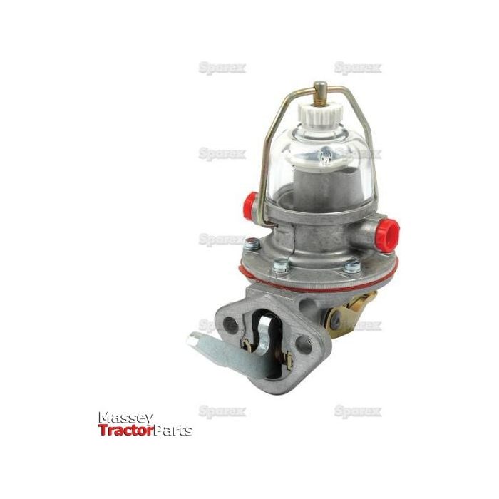 Close-up of a Sparex Fuel Lift Pump (Part No. S.66105) with a transparent cover, metal components, and red connectors, displayed against a white background. This Sparex part exemplifies quality and compatibility for Ford New Holland machinery.