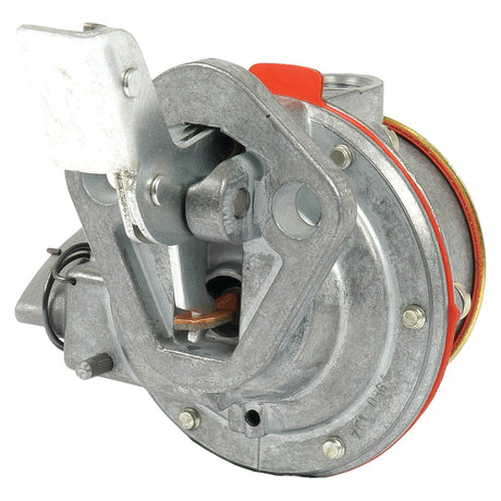 A close-up view of a mechanical component with a metallic frame, bolts, and a red section, closely resembling elements found in the Sparex Fuel Lift Pump (Part No. S.66453) used in Ford New Holland equipment.