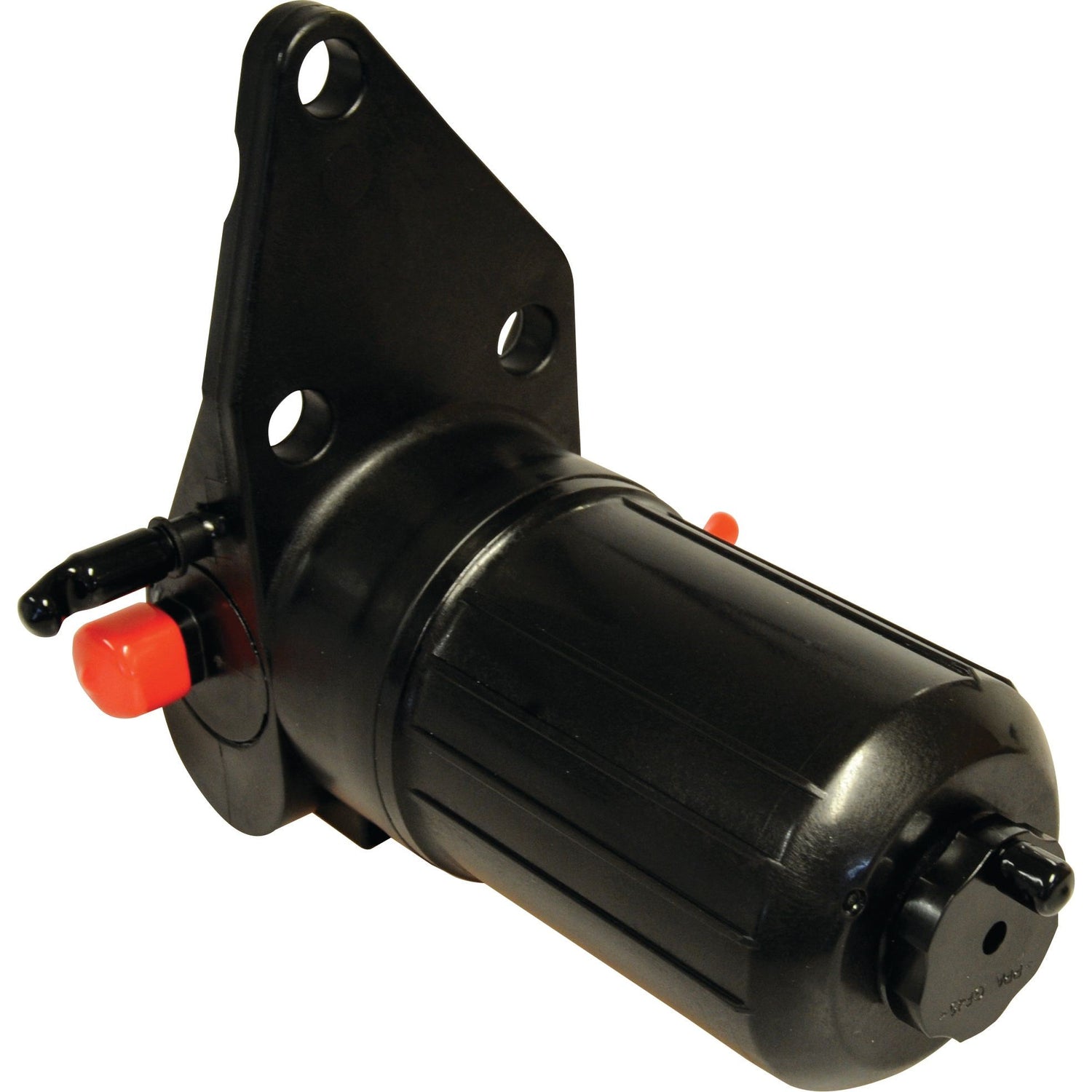 Introducing the Fuel Lift Pump (Sparex Part No. S.69257) by Sparex, featuring a black automotive fuel filter housing with a mounting bracket and red-capped ports, meticulously designed to keep fuel free from contaminants. This product is compatible with Perkins 1103 engines, ensuring optimal performance.