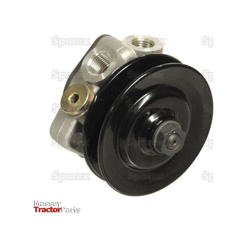 A black metal tractor engine component with a circular wheel and several attachment points, labeled "Massey Tractor Parts" and "Fuel Lift Pump | Sparex Part No. S.69300".