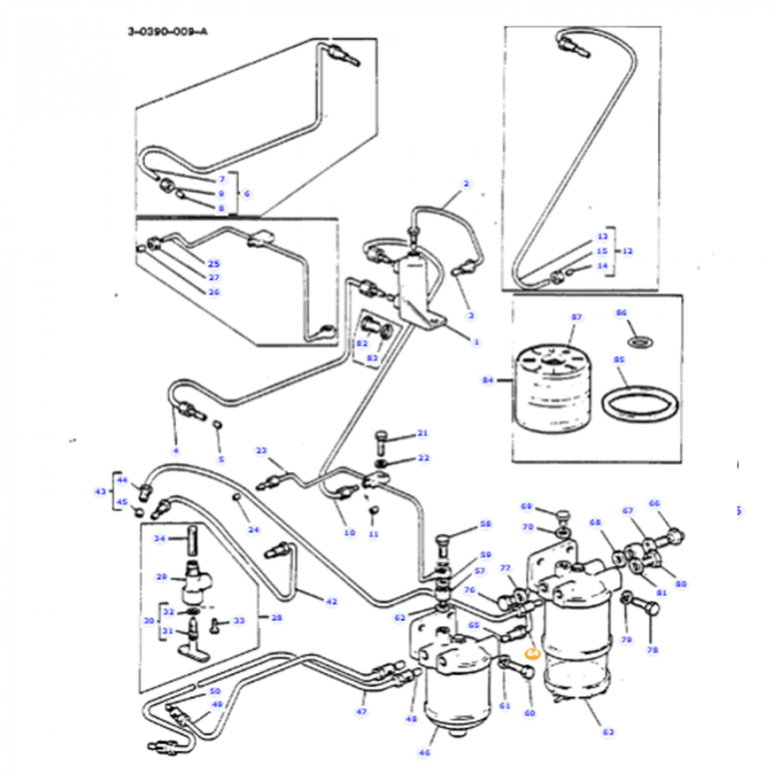 Diagram of a fuel system assembly for a Massey Ferguson 135 tractor, featuring the AGCO Massey Ferguson - Fuel Line - 888484M91 among various other numbered components such as pipes, connectors, and filters. Each part is labeled with a reference number corresponding to a separate list.
