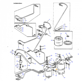 Diagram of a fuel system assembly for a Massey Ferguson 135 tractor, featuring the AGCO Massey Ferguson - Fuel Line - 888484M91 among various other numbered components such as pipes, connectors, and filters. Each part is labeled with a reference number corresponding to a separate list.