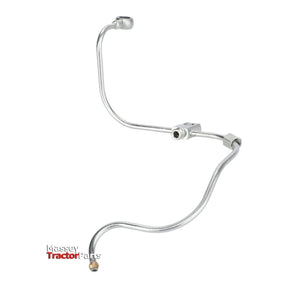 A metallic, curved pipe component featuring multiple bends and fittings, labeled "Massey Ferguson - Fuel Line - 891344M92," from AGCO, designed specifically for Massey Ferguson models in engine compartments.