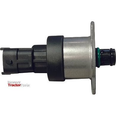 Side view of a black and silver Fuel Metering Control Valve, Sparex Part No. S.151156, featuring green sealing rings and a label with the text "Massey Tractor Parts" at the bottom left, compatible with Case IH models.