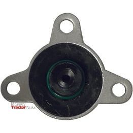 A metallic circular part featuring three mounting holes arranged in a triangular configuration. At the center, it includes a Fuel Metering Control Valve (Sparex Part No. S.151156) resembling a black circular component with a green ring, and it is compatible with Case IH machinery.