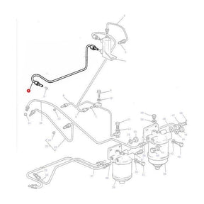 Technical diagram illustrating various components and connections of a fuel system, specifically for the Massey Ferguson 200 Series. Highlighted part indicates the AGCO Massey Ferguson - Fuel Pipe - 884472M94, with a red dot marking one of its endpoints.
