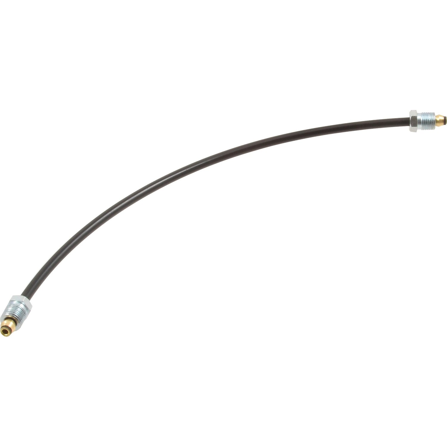 Image of a flexible black hose with metal fittings at both ends, slightly arched against a white background. This Sparex Fuel Pipe (Sparex Part No. S.41308) guarantees durability and reliable performance.
