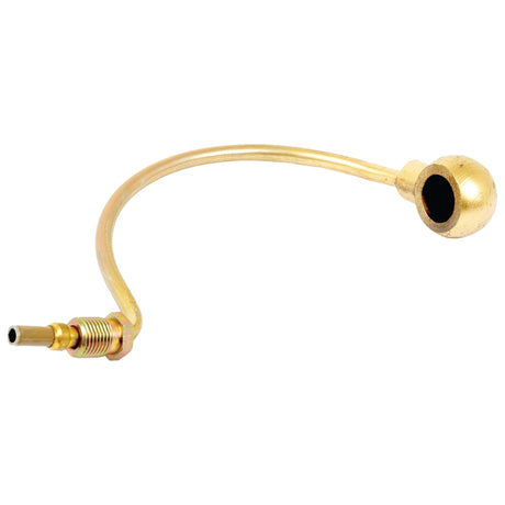 The Sparex Fuel Pipe (Sparex Part No. S.42131) is a brass automotive brake line fitting featuring a curved tube and threaded end, making it ideal for applications involving Perkins AD3.152 engines or as a Pipe-Fuel component in Massey Ferguson machinery.