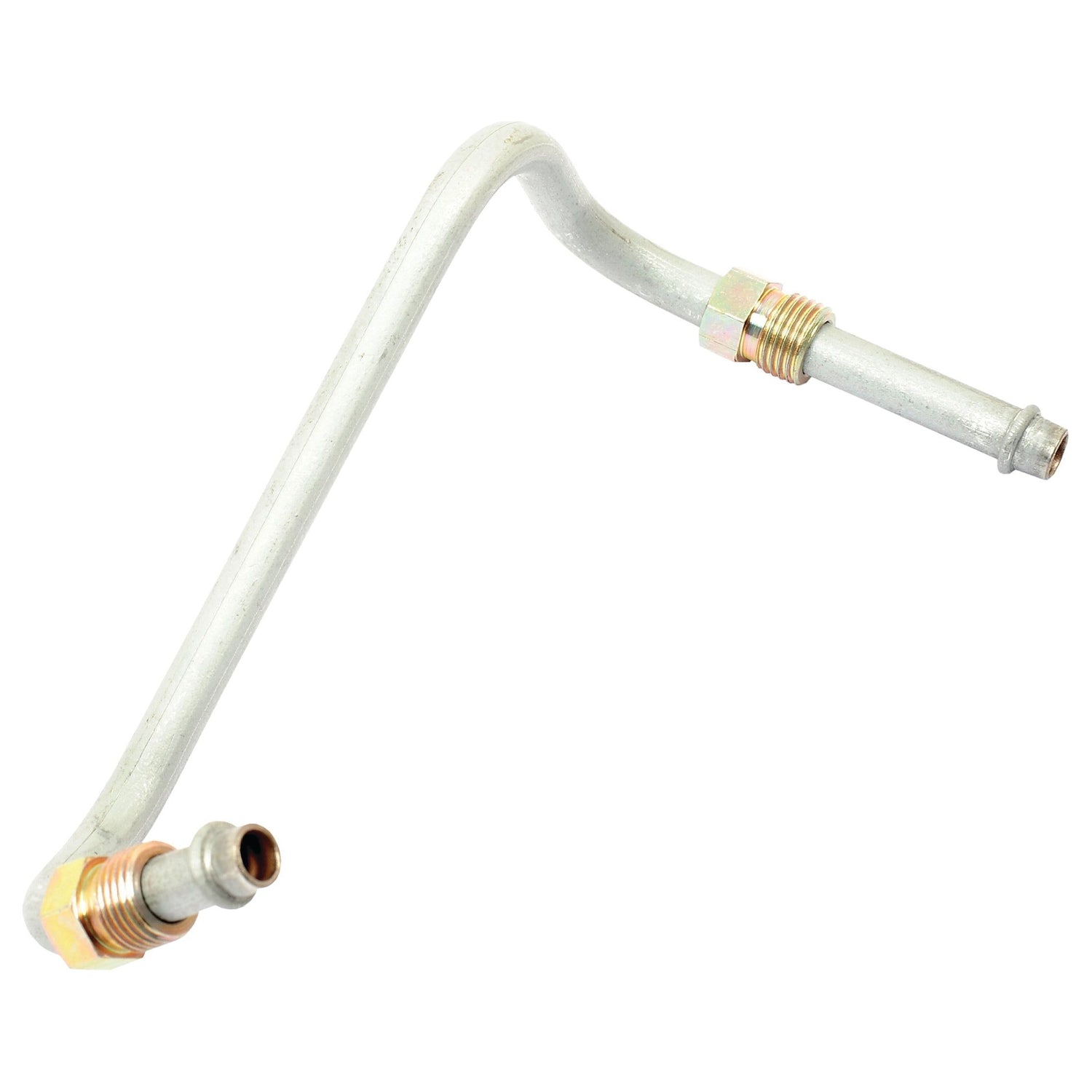 A Fuel Pipe | Sparex Part No.S.43884, branded under Sparex, is a bent metallic pipe with threaded fittings on both ends, designed for fluid or gas transfer in mechanical or automotive systems, such as connecting a lift pump to a Massey Ferguson tractor.