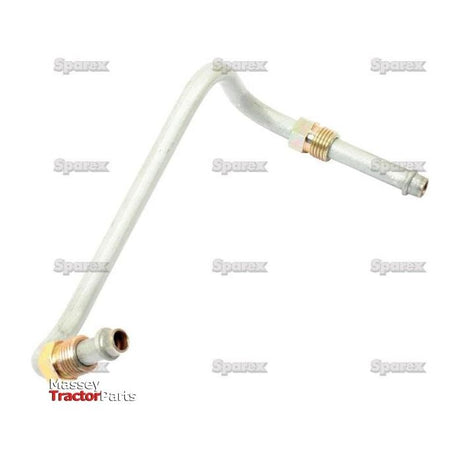 Image of a metal hydraulic pipe with a curved design and two threaded end fittings, labeled "Sparex" and "Massey Tractor Parts," suitable for Massey Ferguson tractors. This is the Fuel Pipe (Sparex Part No. S.43884).