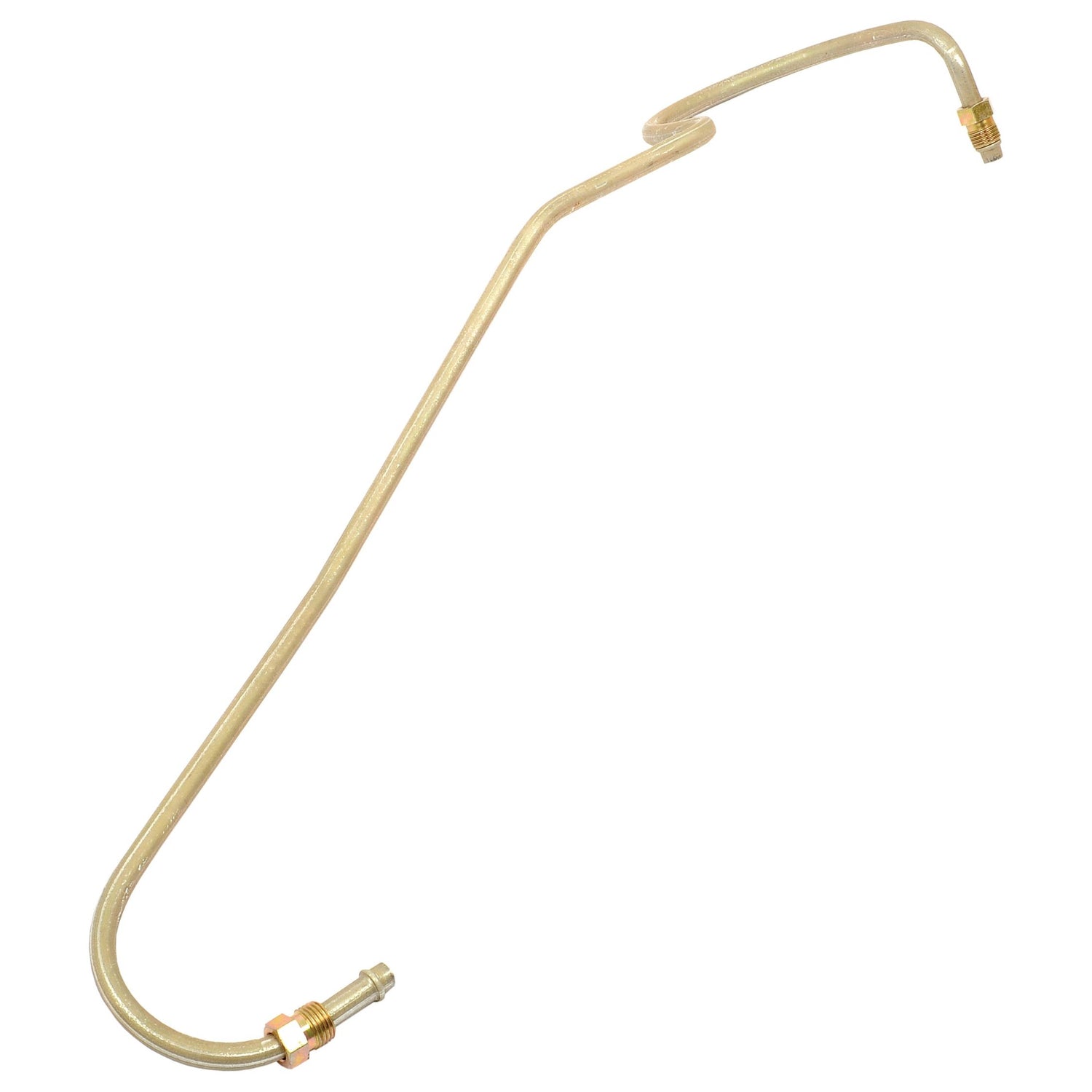 A metal tube with bent sections and threaded connectors on both ends, likely part of industrial or automotive machinery, known as the Fuel Pipe (Sparex Part No. S.43887) from Sparex, is commonly found in Massey Ferguson equipment or used in conjunction with a lift pump.