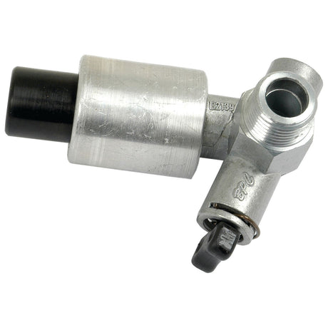 A metal industrial valve with a cylindrical body and threaded ends, featuring a black plastic cap and an attached lever, designed to integrate seamlessly with the Perkins A3.152 engine system is the Sparex Fuel Primer Pump | Part No.S.66895.