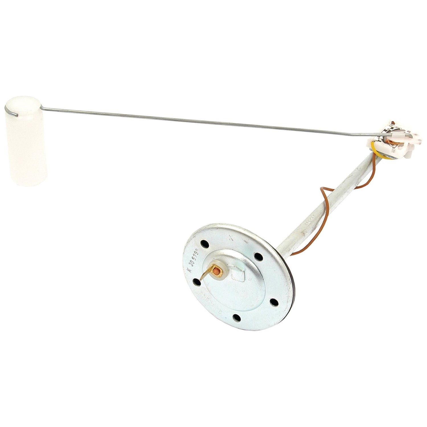 This image shows a Sparex Fuel Sender Unit (Sparex Part No.S.57586) with a cylindrical float attached to a metal rod and a round base plate.